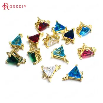 

(38331)10PCS 7MM 24K Champagne Gold Color Brass and Glass 2 Holes Triangle Connect Charms Pendants Jewelry Findings Accessories