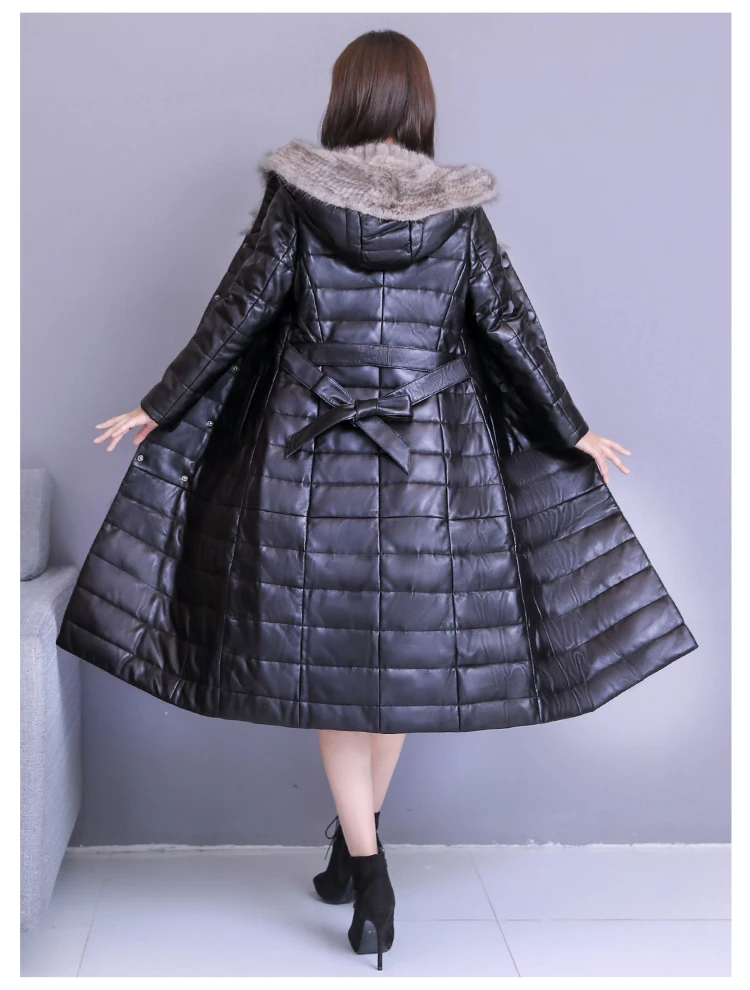 Mink Fur Collar Sheep Leather Down Jacket Women Fashion Hooded Long New Leather Jacket Female Waist Slim Plus Size Coat 71