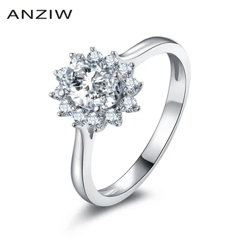

ANZIW New Luxury Floral Oval Halo Style Plain Shank SONA Wedding Ring 925 Sterling Silver Fancy Sunflower Ring кольца для женщин