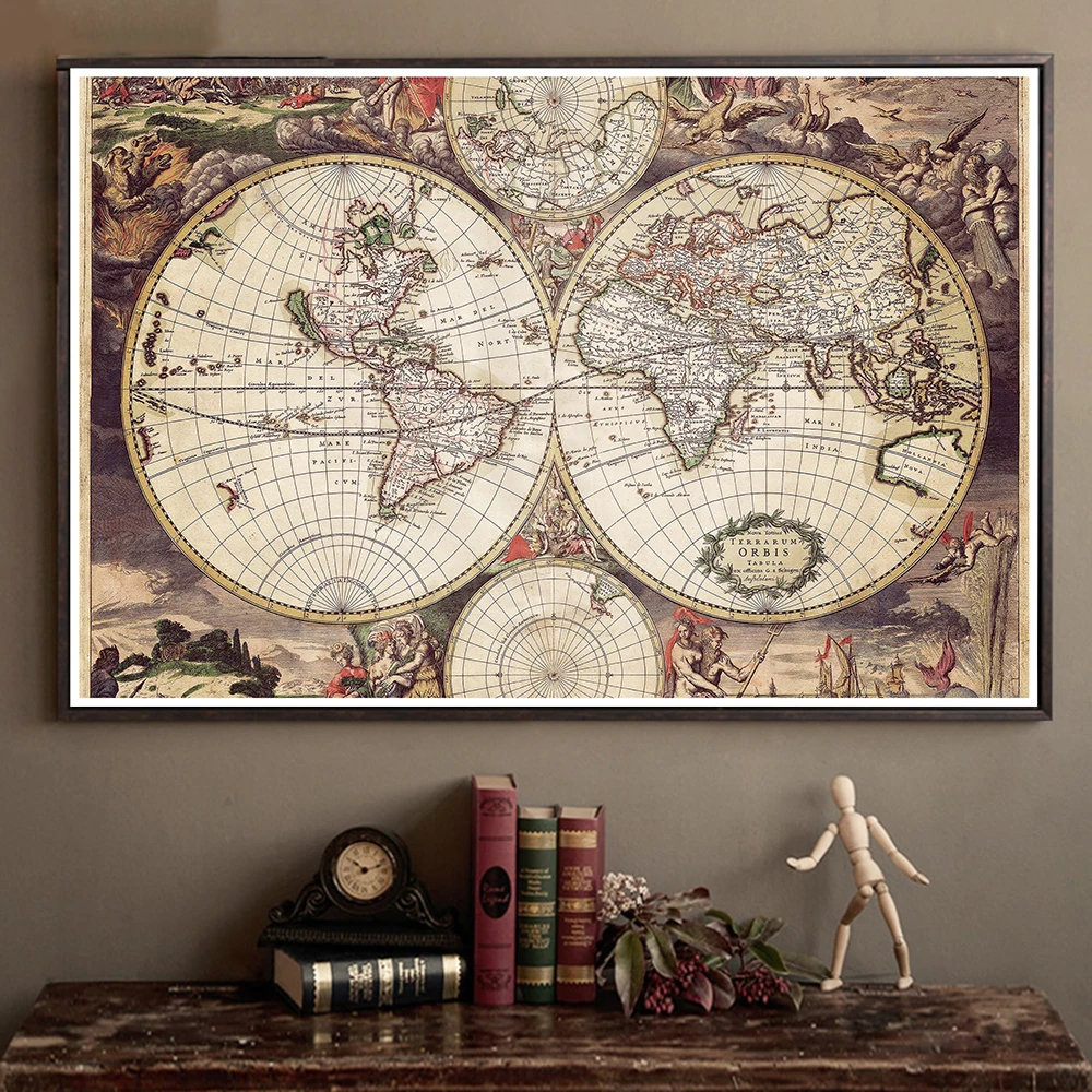 Vintage Map of World Non-woven Canvas Painting Medieval Latin Art Poster Living Room Home Decor School Supplies 150*100cm