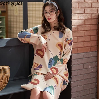 

Nightgowns Women Soft Warm Kawaii Printed Womens Leisure Comfortable Home O-neck Elegant High Quality Korean Style Long Sleeve