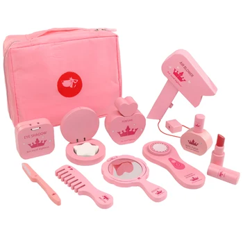 

11Pcs Children Wooden Make Up Toys Girls Pretend Play Simulation Cosmetic Bag Toy Birthdaty Gifts 2020 - Pink