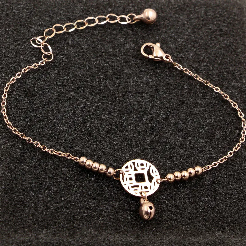 Chinese Style Copper Coin And Bead Bell Anklet For Women And Girls Stainless Steel Gold Rose Gold Color Anklet Length 20cm + 5cm Chinese Style Copper Coin And Bead Bell Anklet For Women And Girls Stainless Steel Gold Rose Gold Color Anklet Length 20cm + 5cm
