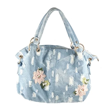

2PCS / LOT Denim Women Bag Luxury Messenger Bags Female Designer Embroidery Flower Handbags High Quality Famous Brands totes bo