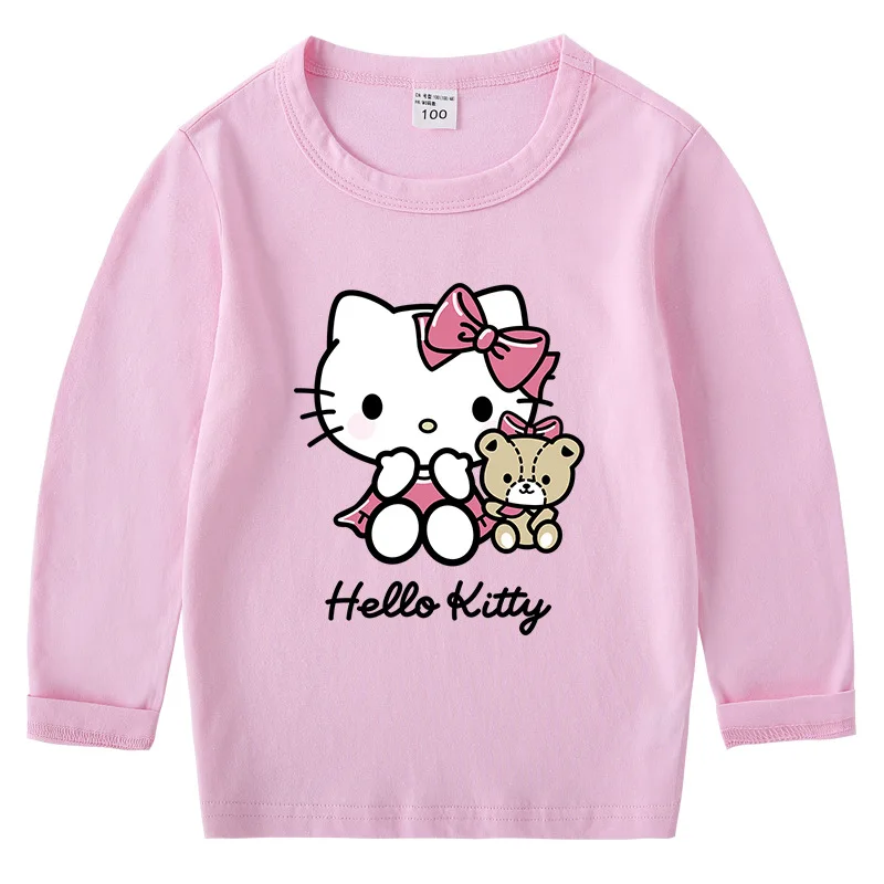 thumbnail image 1 of Hello Kitty camiseta de Color sólido para niños primavera otoño nueva camisa de cuello redondo para niños y niñas Camisa de manga larga de algodón para bebés, 1 of 5