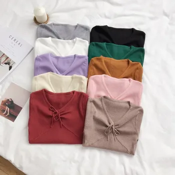 

New Slim Fashion V Neck Drawstring Thin Autumn Winter Knit Pullover Sweater Casual Top Women Long Sleeve Pull Femme Soft Jumper
