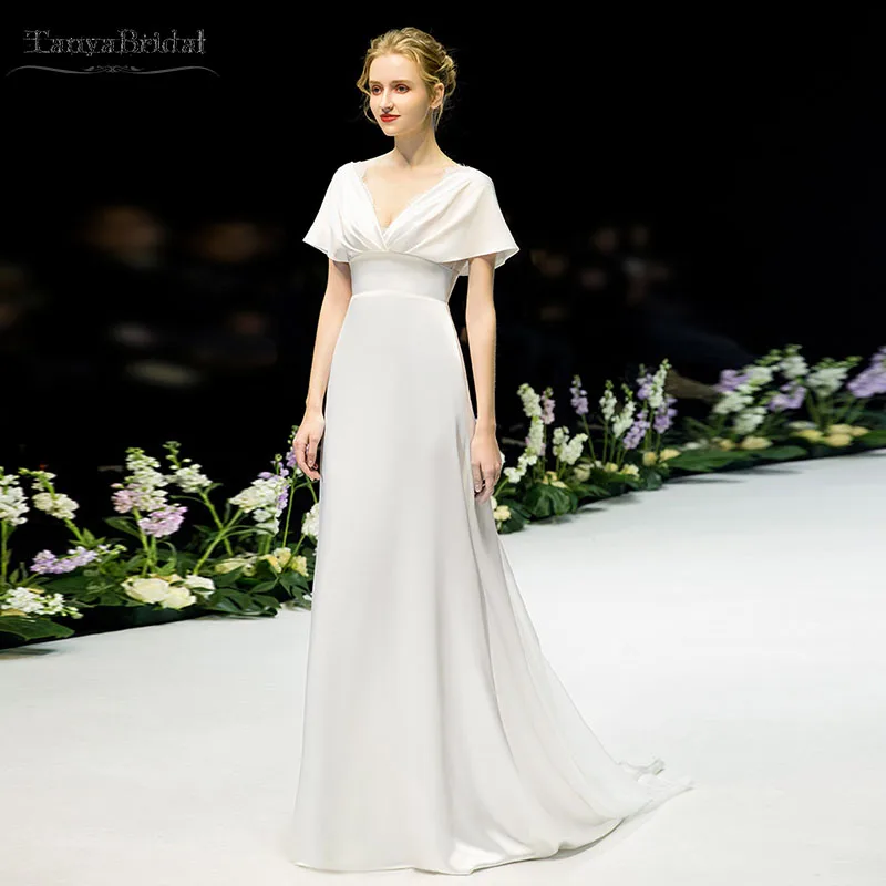 Een Lijn Eenvoudige Trouwjurken Soft Satin Elegante V-hals Bruidsjurken Robe De Soriee Chic Boho DW269