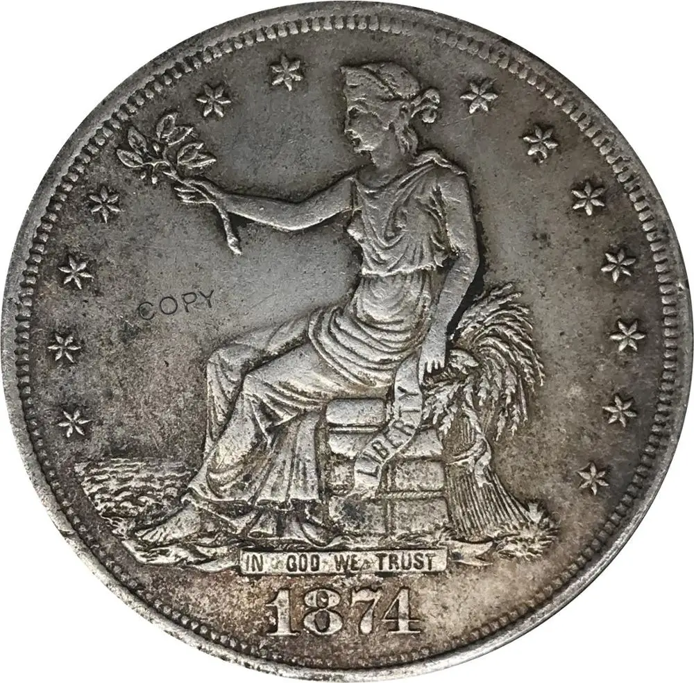 United States America 1874 1 Trade One Dollar US In God We Trust 420 Grains 900 Fine Cupronickel Silver Plated Copy Coin | Дом и сад
