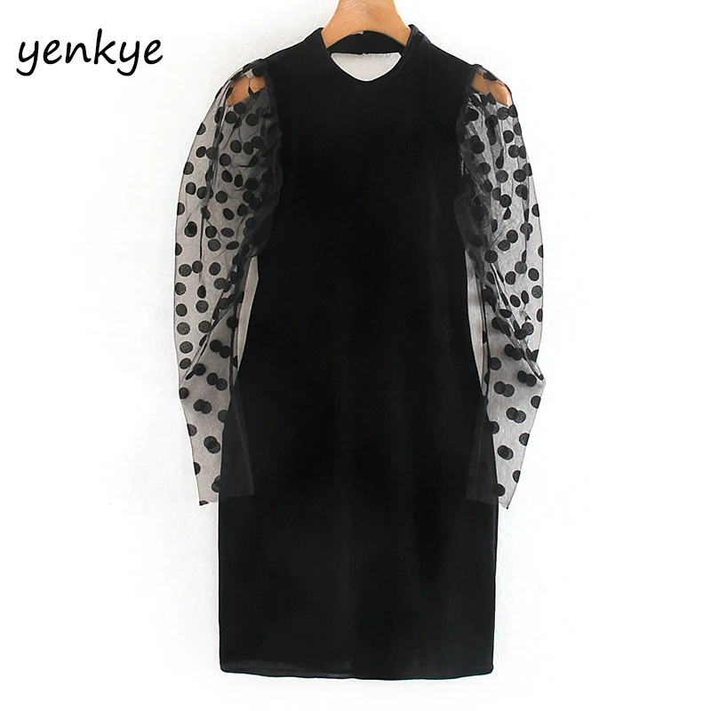 Comprar Moda mujer Sexy Semi sheer Polka Dot vestido de terciopelo de manga larga Sexy cuello alto sin espalda Vintage negro ceñido Mini vestido