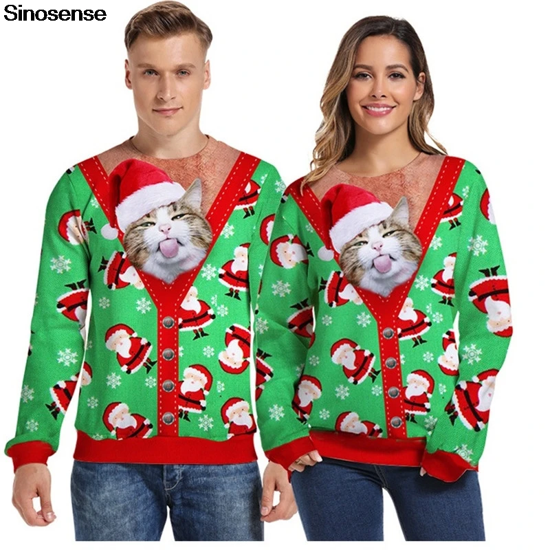 Men Women Ugly Christmas Sweater Pullover Hoodies Sweatshirts 3D Santa Claus Cat Print Graphic Long Sleeve Sweaters Jumpers Tops | Мужская
