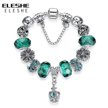 

ELESHE Mother's Day Spacer Silver Color Heart Charm Bracelet Fit Original Bracelet for Women DIY Crystal&Glass Beads Jewelry
