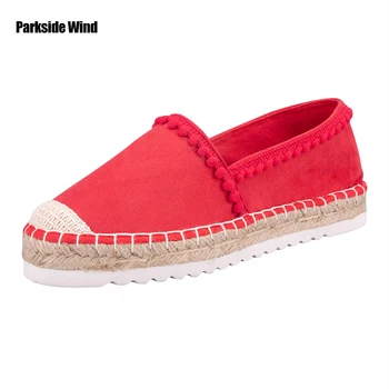 

Parkside Wind Women Platform Espadrilles Flats 2020 Spring Red Hemp Slip On Single Shoes Casual Ladies Pompon Loafers XWA5752-4