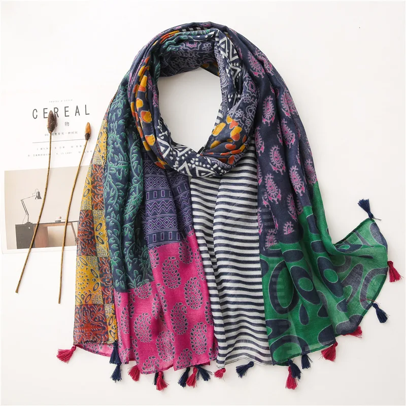

2020 New Women Cotton Print National Scarf Tassel Shawl Hijab Wraps Bohemina Scarves Femme Foulard Travel Beach Bandana 180*90cm
