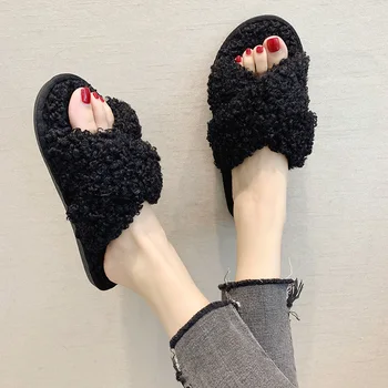 

Women Short Plush Slippers Female Comfortable Warm Slides Women's Fashion Cross Flats Woman Open Toe Shoes Footwear Plus Size