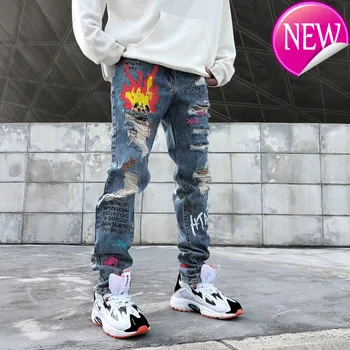 

Hop Bebovizi Hip Streetwear Ripped Slim Fit Jeans Skinny Jeans Japan Graffiti Flame Skeleton Print Men Jogger Denim Pants
