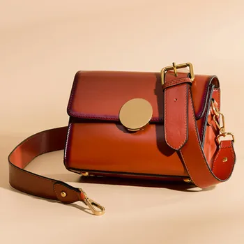 

QIAOBAO 2020 new Cowhide handbags Europe retro handbags Genuine Leather square package round button spray Messenger bag fashion