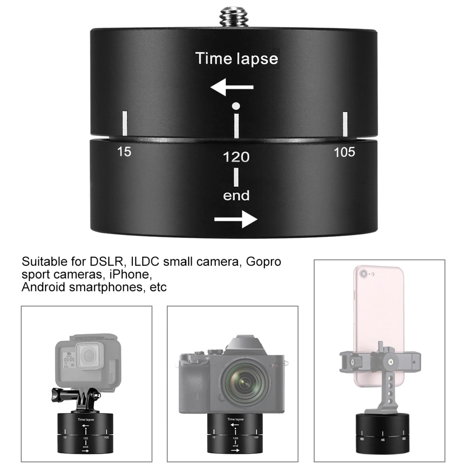 PULUZ 360 Degrees Panning Rotation 60 / 120 Minutes Time Lapse Stabilizer Tripod Head Adapter for GoPro/ Xiaoyi & Action Cameras
