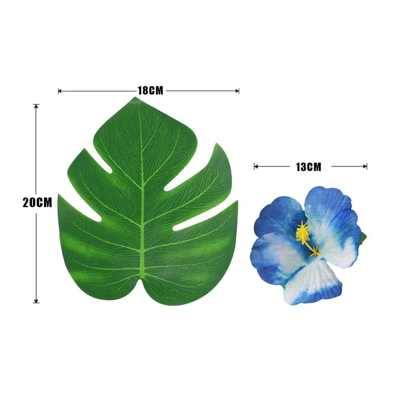 

90Pcs Tropical Palm Leaves and Hibiscus Flowers, Artificial Leaves Plants Hibiscus Flowers Fete Deco, Hawaiian Party Jungle Beac
