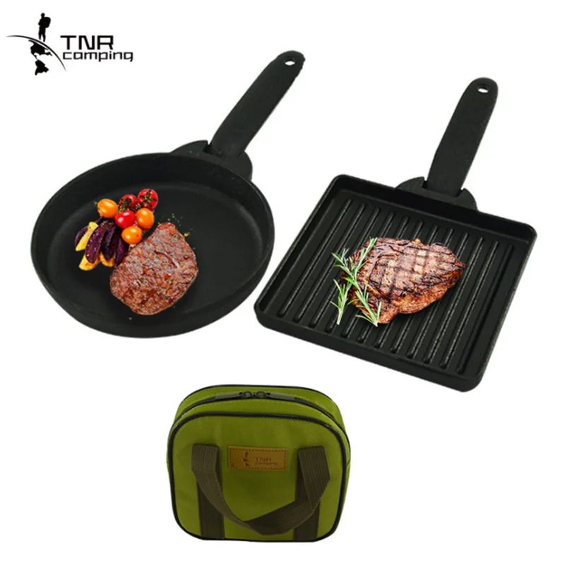 

Outdoor Camping BBQ Cast Iron Steak Plate Non-stick Frying Pan Fried Egg Bakeware Outdoor Picnic Barbecue Tray set