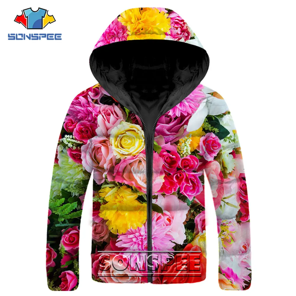 SONSPEE Casual Hip Hop Parkas 3D Print Fashion Flower Sunflower Rose Graphics Down Jacket Winter Keep Warm Streetwear Coats