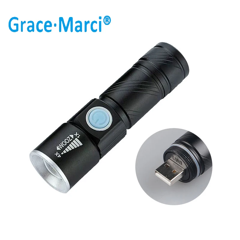 GM Power Flashlight Zoom Rechargeable USB Flashlight Metal Aluminum