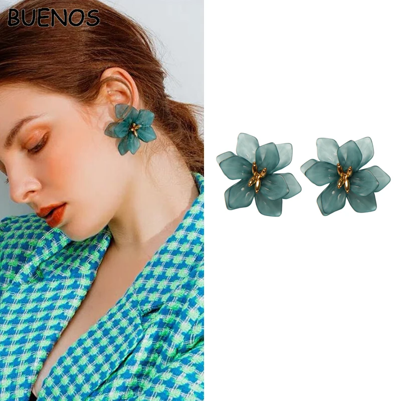 

BUENOS Korean fashion exaggerated green big flower stud earrings elegant vintage Acrylic earrings for women 2019 jewelry gifts