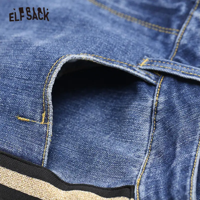 ELFSACK синие однотонные вымытые Прямые повседневные женские джинсы карандаш зимние клетчатые Лоскутные обтягивающие офисные женские базовые брюки на каждый день