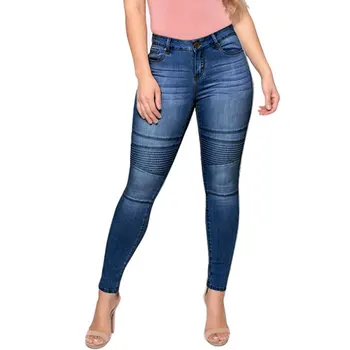 

2020 Autumn New Blue Motorcycle Biker Zip Jeans Women's Mid High Waist Stretch Denim Skinny Pants Motor Jeans For Women