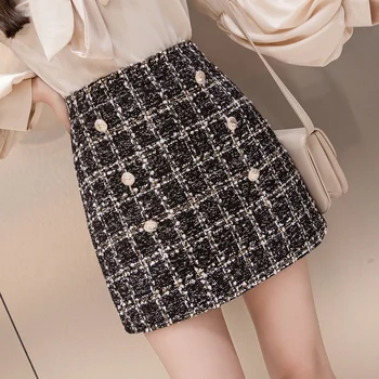 

Small Fragrance Woolen Mini Skirt 2019 Winter Women Vintage Plaid Gold Double-Breasted Tweed A-Line Skirt High Waist Femininas