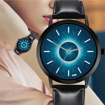 

Men Women Analog Quartz Watch Black Case and PU Leather Strap TT@88