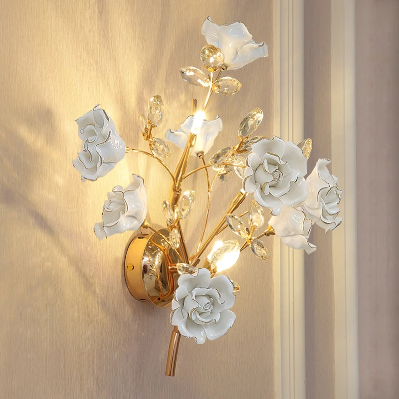 Wedding decoration Crystal wall sconces Ceramic White Rose LED Wall Lamp Bedroom furniture LED