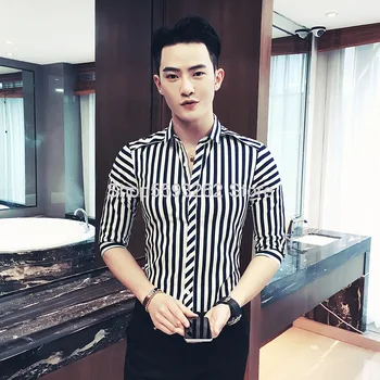 

Men Stripes Seven Points Sleeve Shirt Male Slim Fit Joker Leisure Half Sleeve Shirt Male