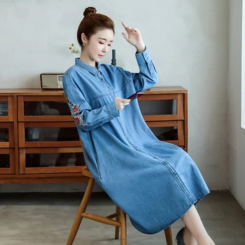 

Vintage Embroidery Mid-length Denim Dress Women 2020 New Spring Plus Size Loose Long Sleeve Ladies Cowboy Shirt Dresses 3XL Z106