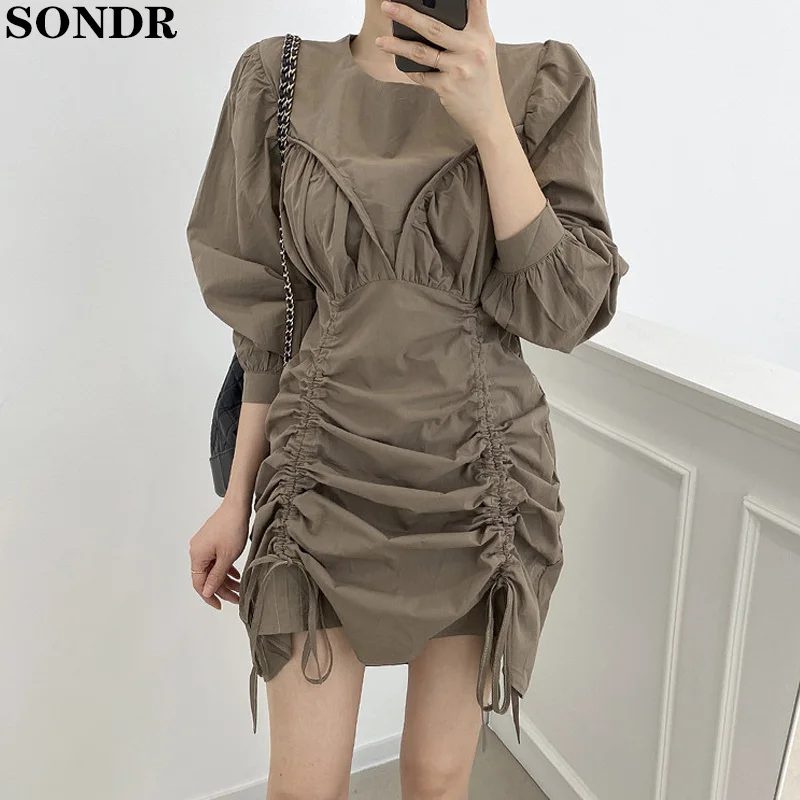 

New Summer Women Mini Dress Vintage Loose Long Sleeve Autumn Women Dress Elegant High Waist Folds Irregular Drawstring Dresses
