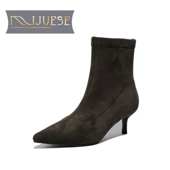 

MLJUESE 2021 women Ankle boots Cow leather Winter short plush Pointed Toe High heels female boots size 40