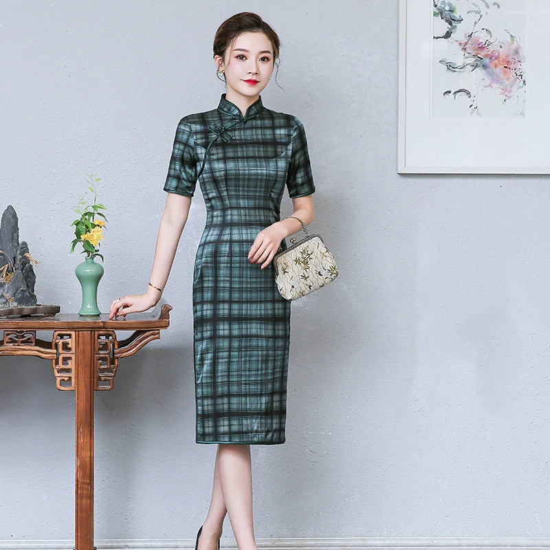 

Print Flower Women Satin Cheongsam Mandarin Collar Short Sleeve Evening Party Dress Plaid Traditional Vintage Button Qipao