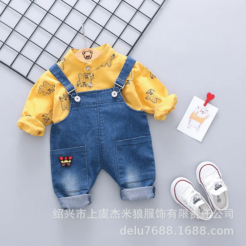 

Jamie Wolf 2019 Autumn Korean-style Childrenswear Trend Cartoon Bear Cowboy Suspender Pants Two-Piece Set
