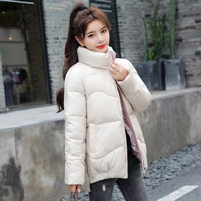 

2020 Glossy Winter Down Cotton Padded Jacket For Women Thick Bright Black Short Shiny Jacket Red Cotton Parkas