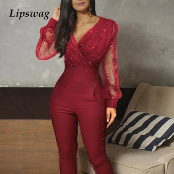 

Spring Casual Mesh Long Sleeve Women Jumpsuit Summer Sexy V-Neck Patchwork Skinny Sheer Rompers Elegant Office Lady Overalls XL
