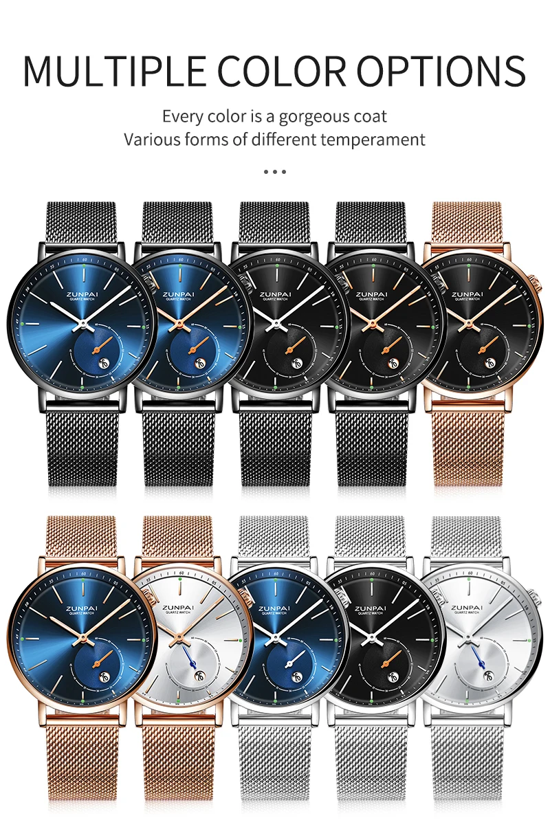 ZUNPAI Mens Watches Top Brand Luxury Waterproof Ultra Thin Date Clock Male Steel Strap Casual Quartz Watch Men WristWatch