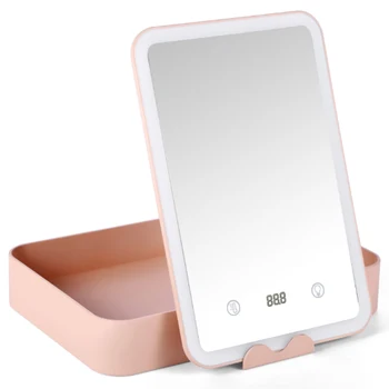 

Makeup Storage Box Flat Storage Vanity Mirror Jewelry Storage Box Smart LED Fill Light with Countdown Makeup Mirror