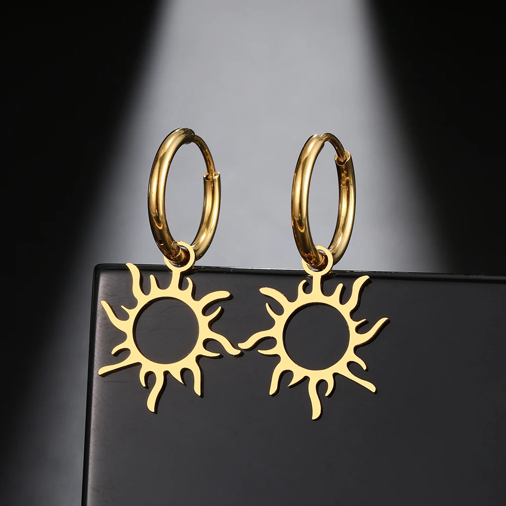 Stainless Steel Earrings New Sun Totem Plated Hoops Trend Charm Earrings - Image 3