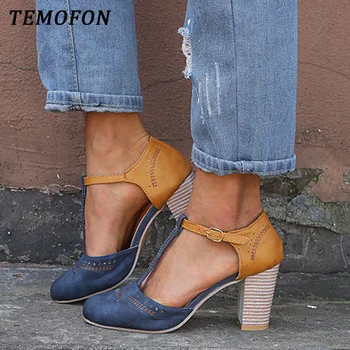 

TEMOFON new chunky heel ladies pumps roman women high heel shoes ankle strap suede square heel sandals big size footwear HVT1024
