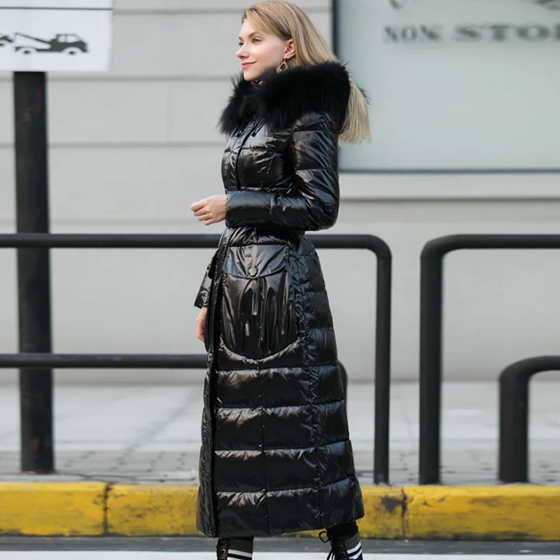 Брендовый женский пуховик, зимний пуховик, куртка, модный роскошный длинный пуховик, мех 90%, белый утиный пух, пальто, черная теплая куртка