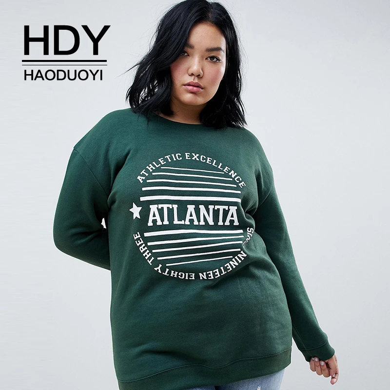 

HDY Haoduoyi Autumn Large Size Sports Casual Letter Printing Long Sleeve Round Neck Pullover Loose Women Green Sweatshirt