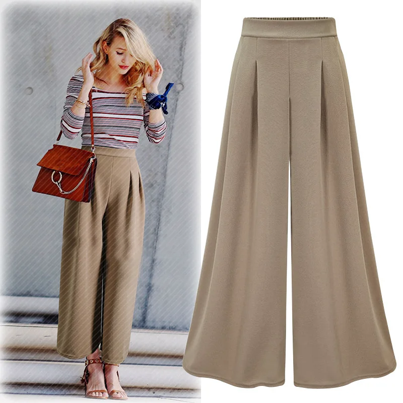 

LANMREM 2019 Flare Buttom Pleated Elastic High Waist Full Length Female OL Pants Trousers WJ08106XL