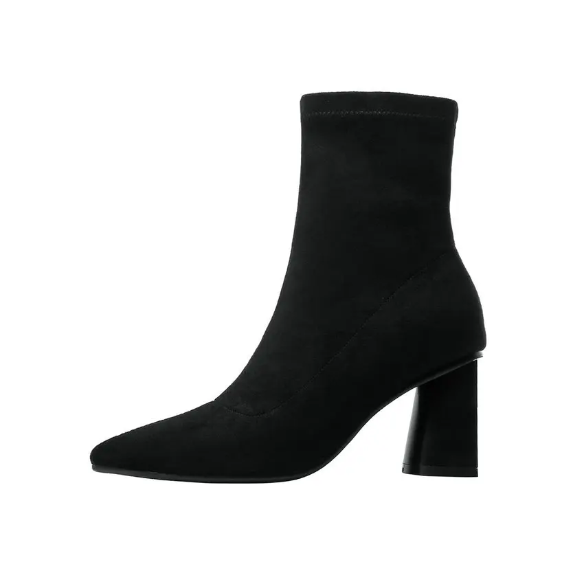 QUTAA/ г. Модная женская обувь из эластичного флока на высоком квадратном каблуке без застежки осенне-зимние ботильоны с острым носком размер 34-39 - Цвет: Черный