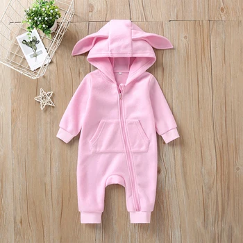 

Children's autumn clothes Baby onesies Pure color cute rabbit romper Long-sleeved hooded baby clothes