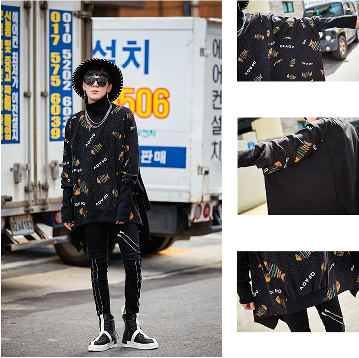Spring and autumn loose high collar cape windbreaker men's trend printing casual jacket chic original bat sleeve cloak