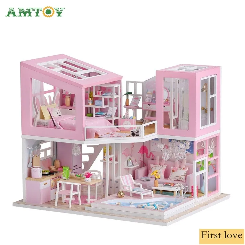 

AMTOY Ins Style Pink First Love Set Building Model Puppet House Assembly Kit Diy Assembly House Christmas Best Gift